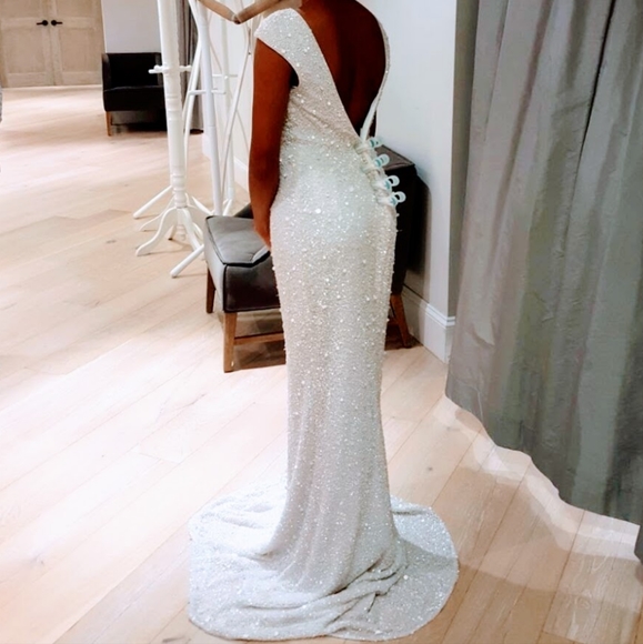 Frascara Wedding Dress White Beaded Sequin Sheath High Neck Low Back Gown - Picture 5 of 7